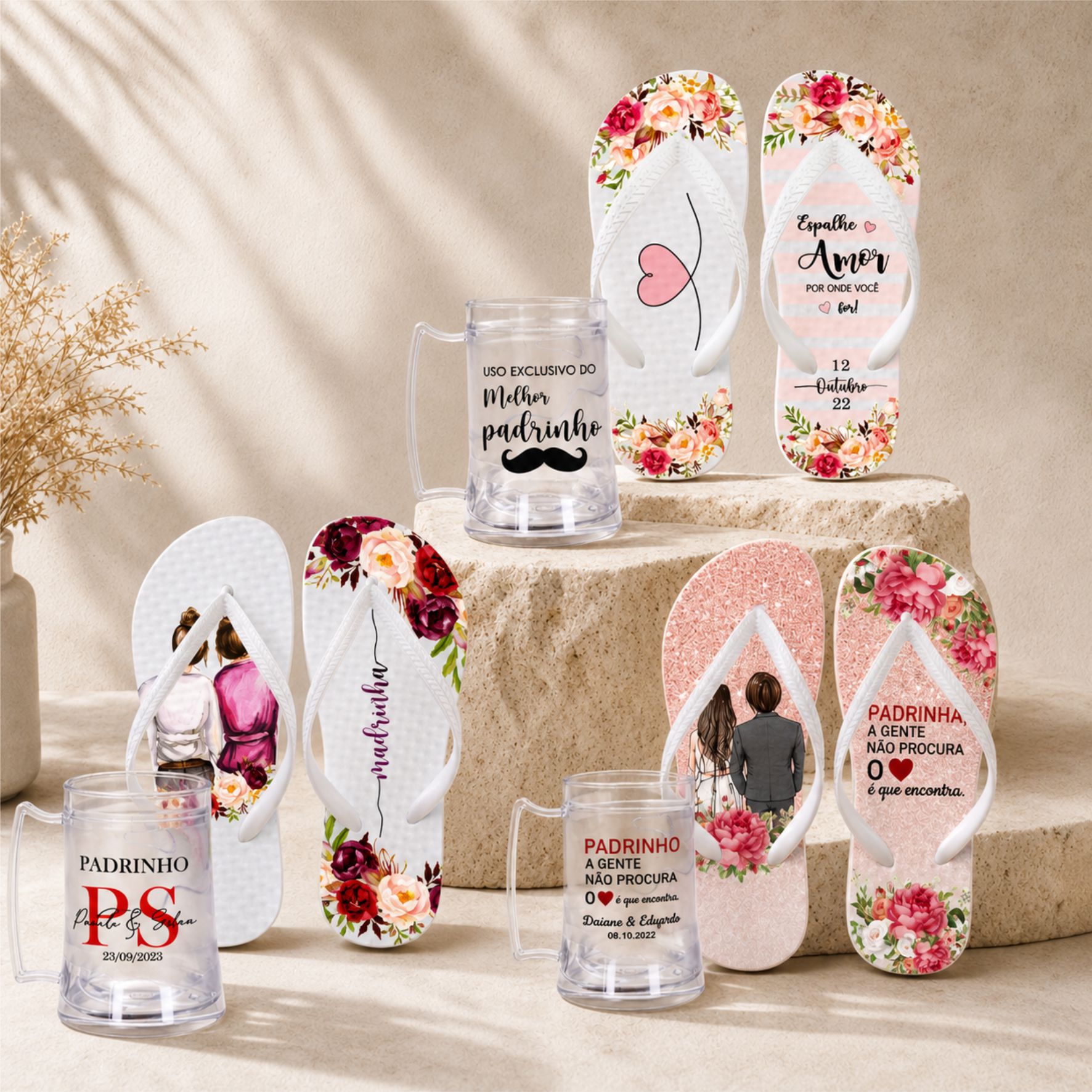 Kit Personalizado para Padrinhos de casamento com Chinelos + Canecas de gel