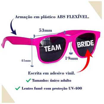 Kit Óculos Despedida de Solteira Team Bride Lente fume festa da noiva balada das amigas
