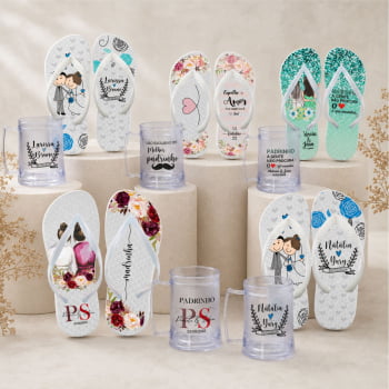 Kit Personalizado para Padrinhos de casamento com Chinelos + Canecas de gel Kit Personalizado para Padrinhos de casamento com Chinelos + Canecas de gel